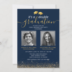 Elegante blauwe gouden gezamenlijke afstudeerfoto kaart