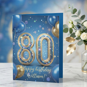 Elegante Blauwe Gouden Glinsterende Ballonnen 80e Kaart