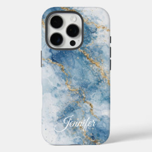 Elegante Blauwe Gouden Glitter Abstracte Stroom iPhone 16 Pro Hoesje