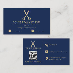 Elegante Blauwe Gouden Kapper Schaar Logo QR Code Visitekaartje