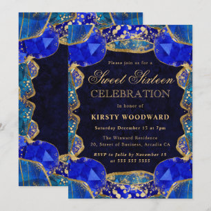 Elegante Blauwe Gouden Kristallen Frame Sweet 16 Kaart