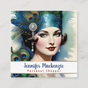 Elegante Blauwe Gouden Pauw Vrouw Vierkante Visitekaartje