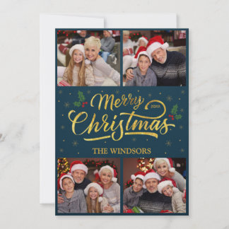 Elegante Blauwe & Gouden Prettig Kerstmis Foto Col Feestdagenkaart