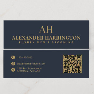 Elegante Blauwe Gouden Qr Code Kapper Verzorgingsb Contactkaartje