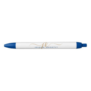 Elegante Blauwe Gouden Schrift Monogram Beginlette Zwarte Inkt Pen