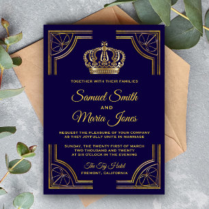 Elegante Blauwe Gouden Sierlijke Kroon Trouwuitnod Kaart