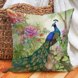 Elegante Blauwe Groene Pauw Roze Bloemen Bos Kussen