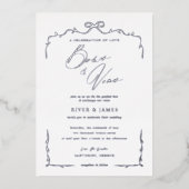 Elegante Blauwe Hand Getrokken Boog & Lint Huwelij Folie Uitnodiging (Voorkant)