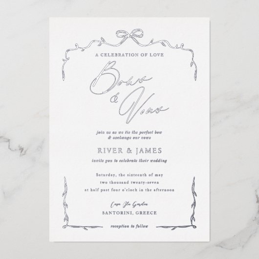 Elegante Blauwe Hand Getrokken Boog & Lint Huwelij Folie Uitnodiging (Voorkant)