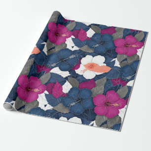 Elegante Blauwe Hibiscus Bloempatroon (2) Cadeaupapier