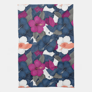 Elegante Blauwe Hibiscus Bloempatroon (2) Theedoek