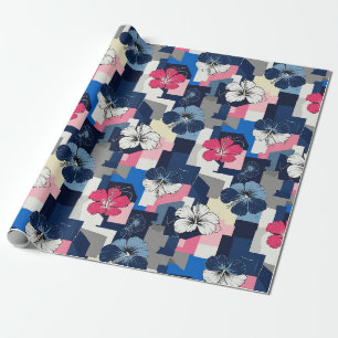 Elegante Blauwe Hibiscus Bloempatroon (4) Cadeaupapier