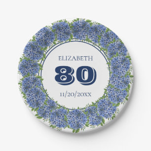 Elegante Blauwe Hortensia 80ste Verjaardagsfeest Papieren Bordje