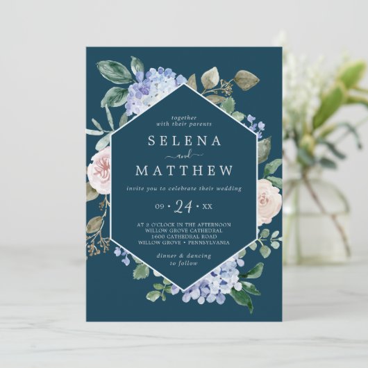 Elegante Blauwe Hortensia | Blauwe Casual bruiloft Kaart (Staand voorkant)