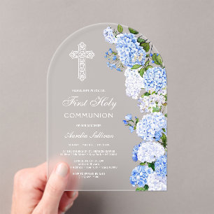 Elegante Blauwe Hortensia Boog Eerste Communie Acryl Uitnodigingen