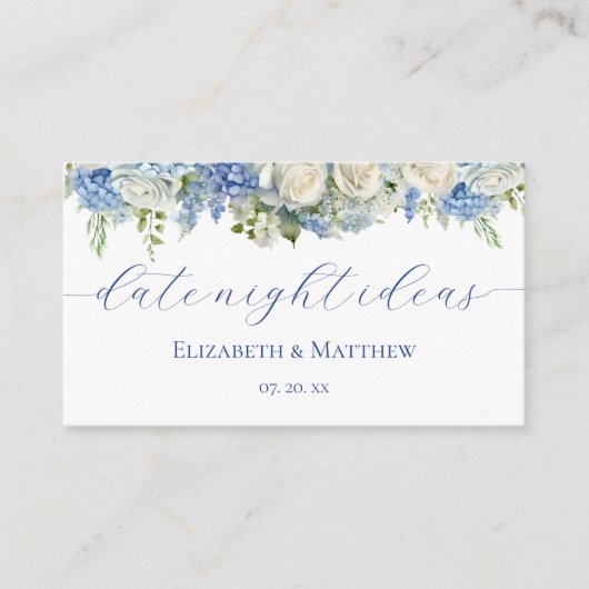 Elegante Blauwe Hortensia Datum Nacht Ideeën Spel Informatiekaartje (Voorkant)