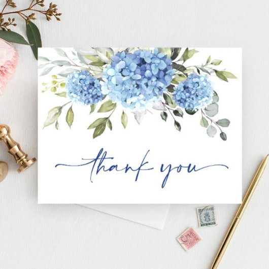 Elegante Blauwe Hortensia Eucalyptus Bloem Bedankt Briefkaart