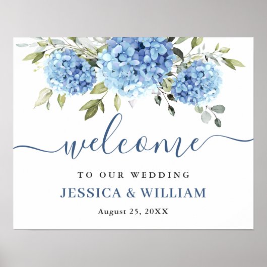 Elegante blauwe hortensia eucalyptus huwelijksontv poster (Voorkant)