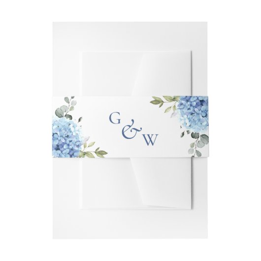Elegante Blauwe Hortensia Eucalyptus Monogram Brui Uitnodigingen Wikkel (Voorkant Voorbeeld)