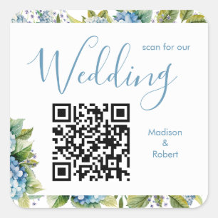 Elegante Blauwe Hortensia Huwelijk Scan QR Code Vierkante Sticker