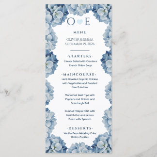 Elegante Blauwe Hortensia Lint Bruiloft Menu