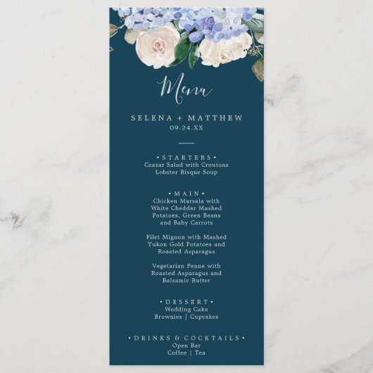Elegante blauwe hortensia | Navy Wedding Dinner Me Menu (Voorkant)