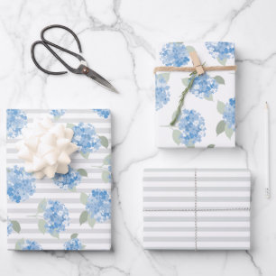 Elegante blauwe hortensia patroon grijze streep inpakpapier vel