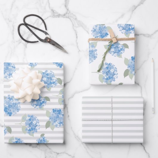 Elegante blauwe hortensia patroon grijze streep  inpakpapier vel (Voorkant)