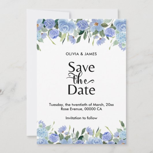 Elegante Blauwe Hortensia Save The Date (Voorkant)