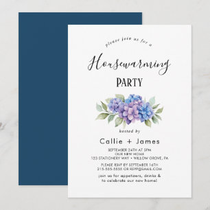 Elegante blauwe hortensia   white housewarming kaart