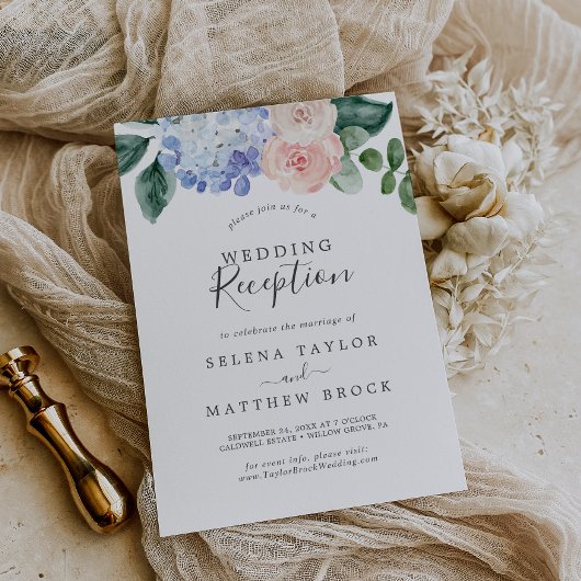 Elegante Blauwe Hortensia | Witte Trouwreceptie Kaart