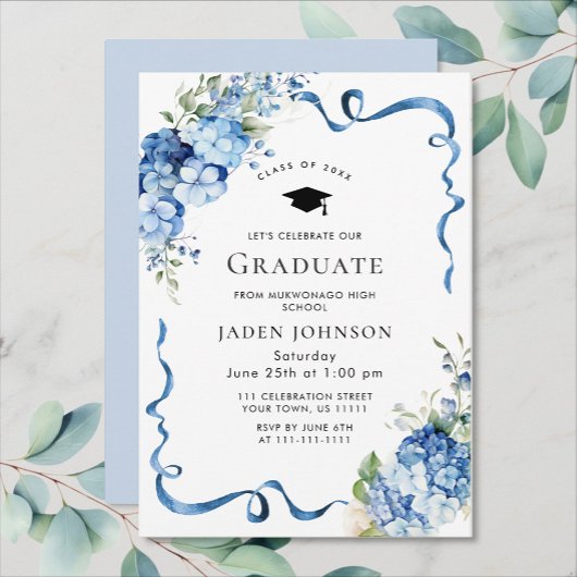 Elegante Blauwe Hydrangea Bow Ribbon Graduation Pa Kaart