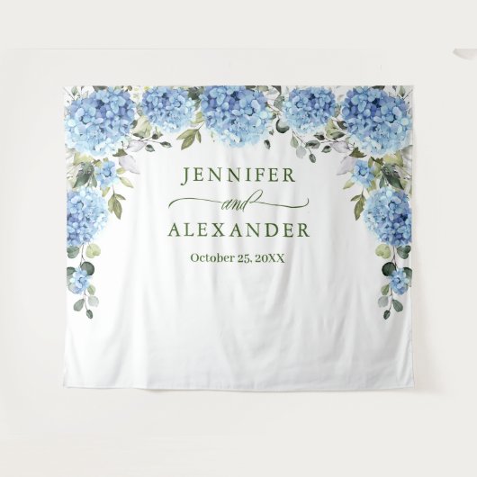 Elegante Blauwe Hydrangea Bruiloft Foto Achtergron Wandkleed (Voorkant (horizontaal))