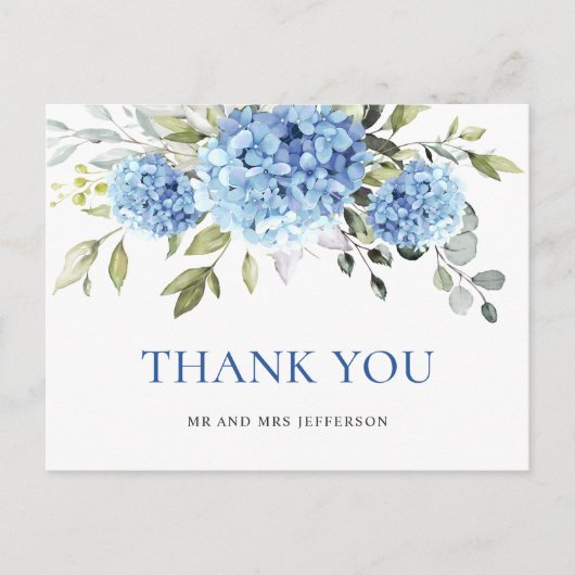 Elegante Blauwe Hydrangea Eucalyptus Bloem Dank u Briefkaart (Voorkant)