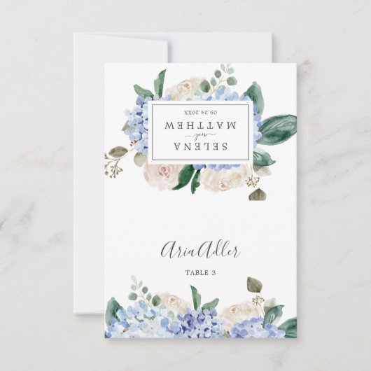 Elegante Blauwe Hydrangea Trouwplaats Kaarten (Voorkant)