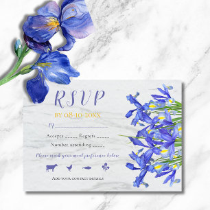 Elegante Blauwe Irissen Bloemstuk Op Grijs Marmer  RSVP Kaartje