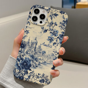 Elegante blauwe kasteel bloem toile de jouy monogr iPhone 16 pro hoesje
