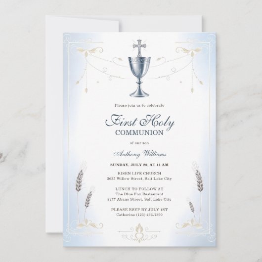 Elegante Blauwe Katholieke Jongen Eerste Heilige C Kaart (Voorkant)