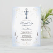 Elegante Blauwe Katholieke Jongen Eerste Heilige C Kaart (Staand voorkant)