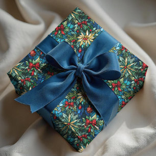 Elegante blauwe kerst coquette boog glas-in-lood cadeaupapier