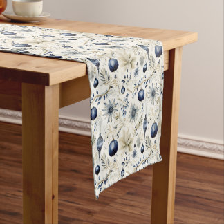 Elegante Blauwe Kerst Ornamente Feestdagen Korte Tafelloper