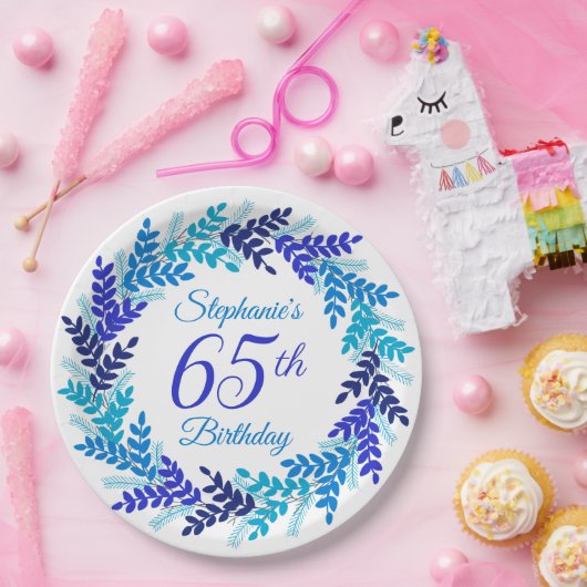 Elegante Blauwe Krans 65e Verjaardag Papieren Bordje (Feest)