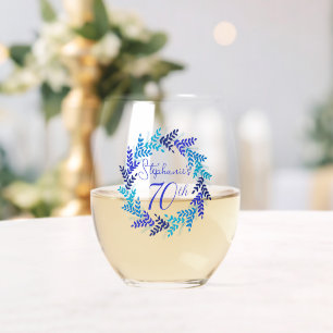 Elegante Blauwe Krans 70ste Verjaardagsfeest Wijnglas Zonder Voet