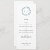 Elegante Blauwe Krans Monogram Bruiloft Menu (Voorkant / Achterkant)