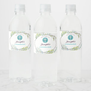 Elegante Blauwe Kruis Bladerige Botanische Bevesti Waterfles Etiket