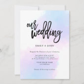 Elegante Blauwe/Lila Waterverf/Zwart Script Weddin Kaart (Voorkant)