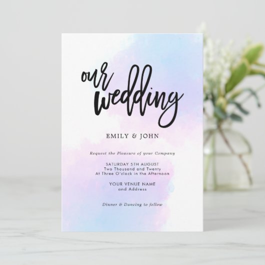 Elegante Blauwe/Lila Waterverf/Zwart Script Weddin Kaart (Staand voorkant)