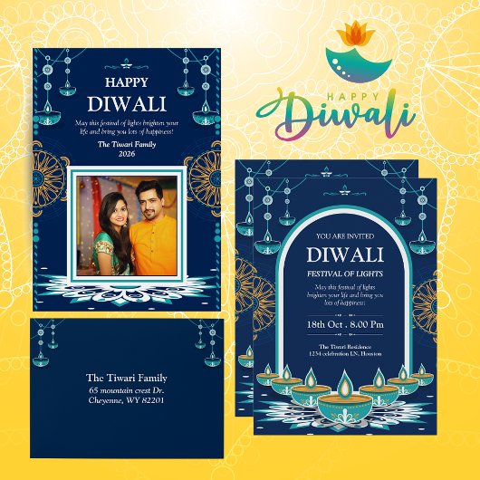 Elegante blauwe mandala Diwali Festival of Lights Feestdagenkaart