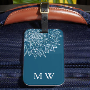Elegante Blauwe Mandala Monogram Bagagelabel