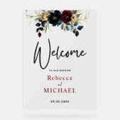 Elegante blauwe marine bordeaux bloemen welkom bru acryl bord (Voorkant)